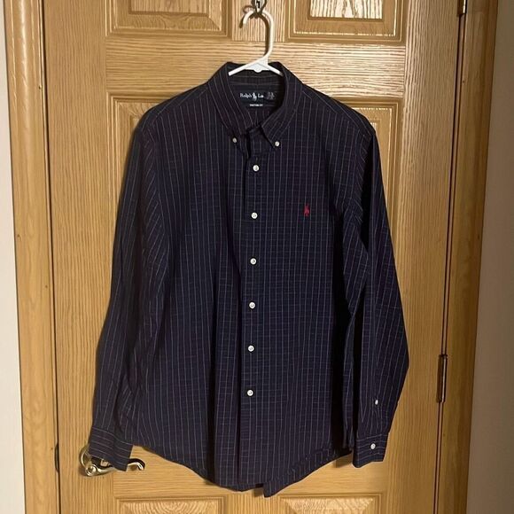 Ralph Lauren Navy Blue Plaid Long Sleeve Shirt Large - Picture 1 of 6